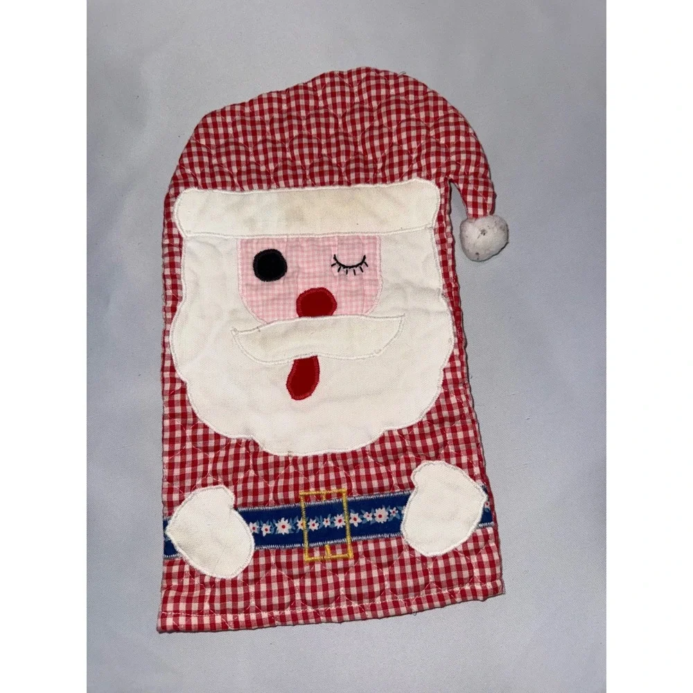 Vintage Sandra Claus Shoppe Quilted Santa Bottle Cover Red Gingham Winking MCM